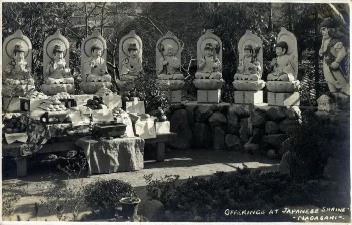 Framed Print : Offerings at a Japanese Shrine, Nagasaki, Japan Date: circa 1929 Framed Print : Offerings at a Japanese Shrine, Nagasaki, Japan Date: circa 1929