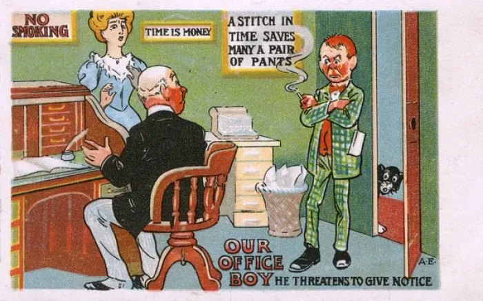 Framed Print : Office Boy burns his bridges and threatens to give notice Framed Print : Office Boy burns his bridges and threatens to give notice