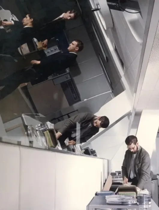 Framed Print : Office scene with large angled mirror Framed Print : Office scene with large angled mirror