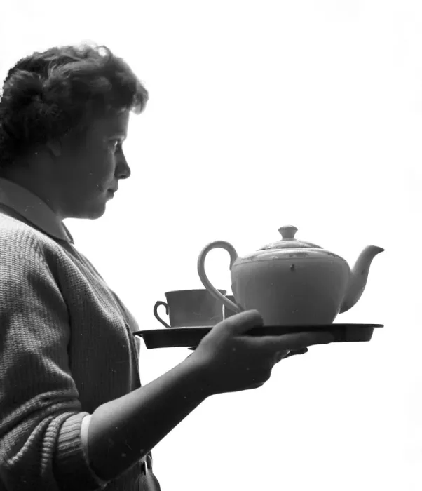 Framed Print : Office tea lady with teapot and cups on a tea tray Framed Print : Office tea lady with teapot and cups on a tea tray