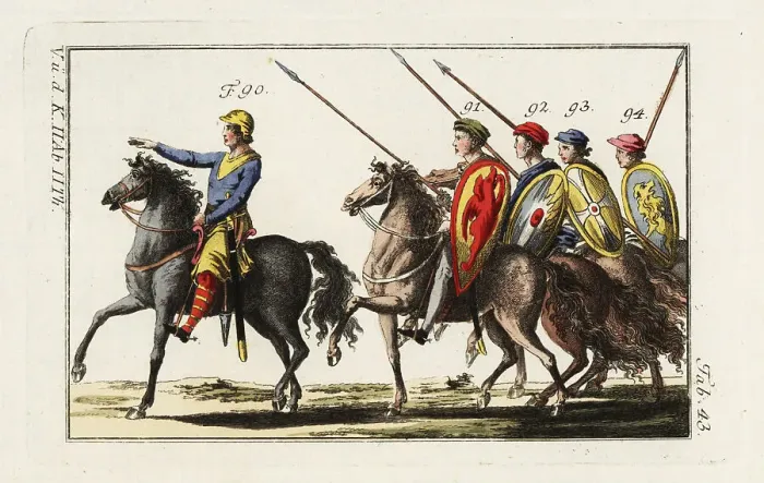 Framed Print : Officer and soldiers of Guy I, Count of Ponthieu, 11th century Framed Print : Officer and soldiers of Guy I, Count of Ponthieu, 11th century