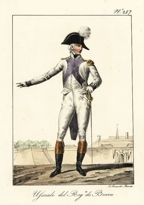 Framed Print : Officer in uniform of the Bearn Regiment, late 18th century Framed Print : Officer in uniform of the Bearn Regiment, late 18th century