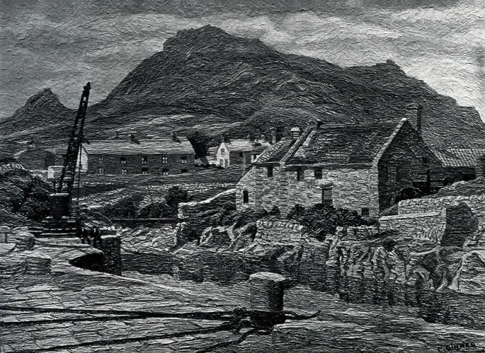 Framed Print : Oil painting of a river village by Slieve Binnian, one of the Mourne Mountains in County Down, Northern Ireland. Date: circa 1929 Framed Print : Oil painting of a river village by Slieve Binnian, one of the Mourne Mountains in County Down, Northern Ireland. Date: circa 1929