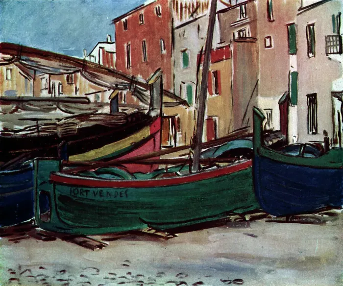 Framed Print : Oil painting showing a number of blue and green boats on the land, one tagged with Port Vendes. Date: circa 1929 Framed Print : Oil painting showing a number of blue and green boats on the land, one tagged with Port Vendes. Date: circa 1929
