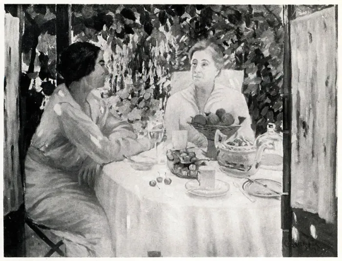 Framed Print : An oil painting showing two women discussing private matters, while having lunch at a table. Date: circa 1925 Framed Print : An oil painting showing two women discussing private matters, while having lunch at a table. Date: circa 1925