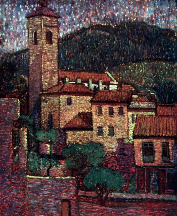 Framed Print : Oil painting of an unknown town, peaceful in nature, with a church and surrounding buildings of similar theme. Date: circa 1930 Framed Print : Oil painting of an unknown town, peaceful in nature, with a church and surrounding buildings of similar theme. Date: circa 1930