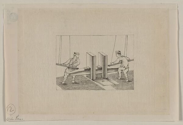 Oil press. Drawing shows two men using rods suspended by ropes to hit