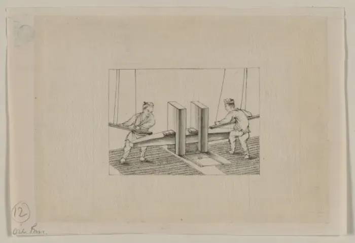 Framed Print : Oil press. Drawing shows two men using rods suspended by ropes to hit Framed Print : Oil press. Drawing shows two men using rods suspended by ropes to hit