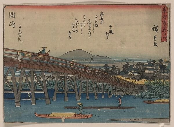 Okazaki. Print shows a wooden bridge from below spanning a river at the
