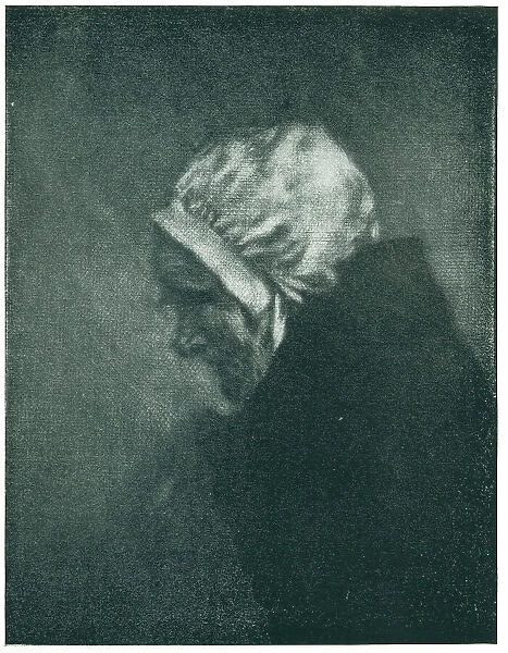 Old Age. A side profile portrait of an old woman wearing a white bonnet or headscarf