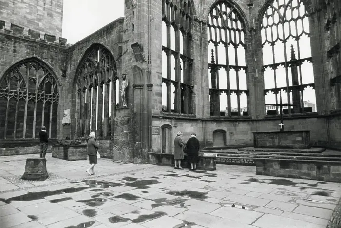 Framed Print : Old Coventry Cathedral, bombed in World War Two; the ruins are on consecrated ground and still form part of the whole cathedral with the new building Date: 1960s Framed Print : Old Coventry Cathedral, bombed in World War Two; the ruins are on consecrated ground and still form part of the whole cathedral with the new building Date: 1960s
