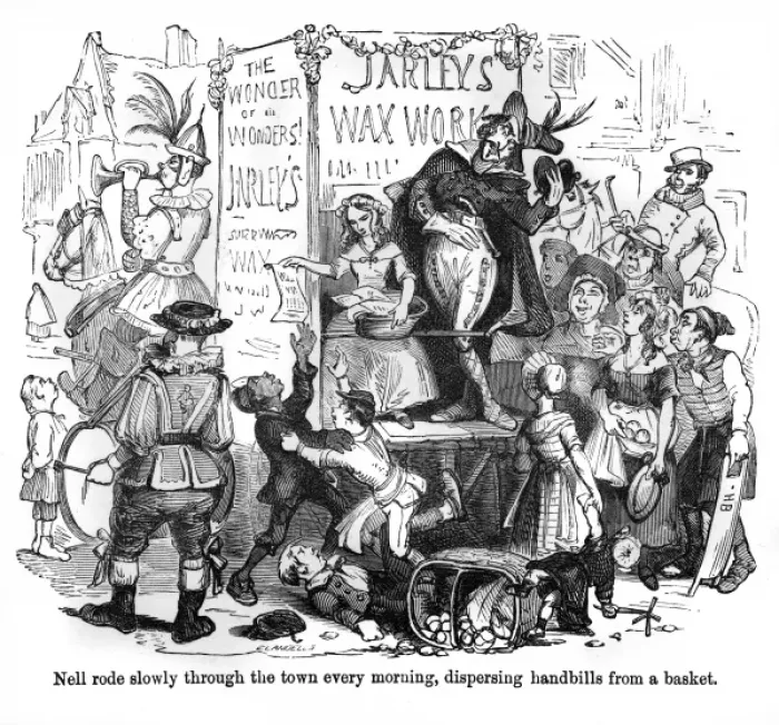 Framed Print : The Old Curiosity Shop, Nell dispersing handbills Framed Print : The Old Curiosity Shop, Nell dispersing handbills