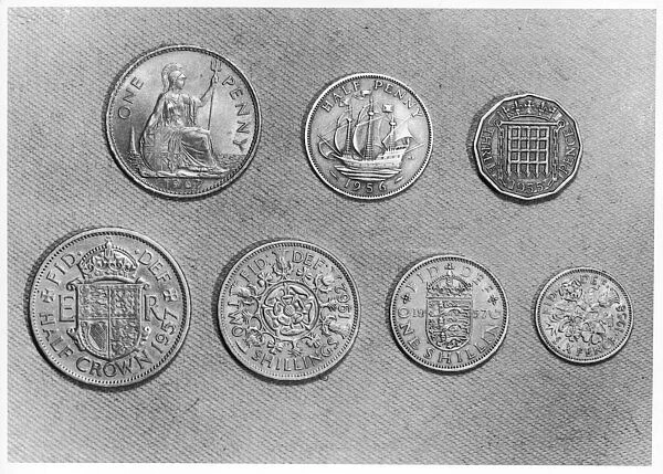OLD ENGLISH COINS. Old (pre-Decimalisation) British coins (left to right)