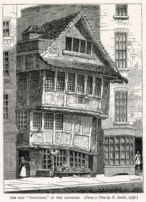 Framed Print : The Old Fountain in the Minories, London, so solidly built that three horses were needed to pull the timbers apart when it was demolished in 1793. Date: built circa 1480