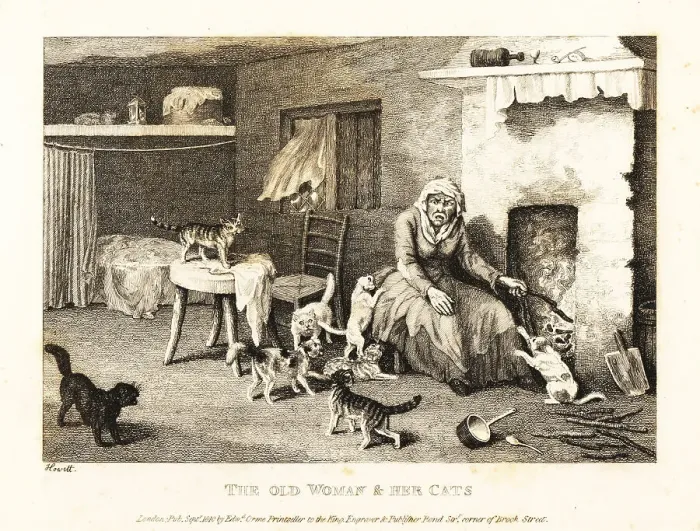Framed Print : Old hag seated at the hearth in a hovel surrounded by cats Framed Print : Old hag seated at the hearth in a hovel surrounded by cats