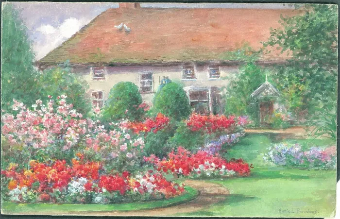 Framed Print : Old Mill House, Madame Butterfly Roses and begonias, Wannock Framed Print : Old Mill House, Madame Butterfly Roses and begonias, Wannock