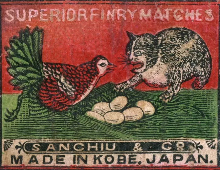 Framed Print : Old Japanese Matchbox label with a cat and hen fighting Framed Print : Old Japanese Matchbox label with a cat and hen fighting