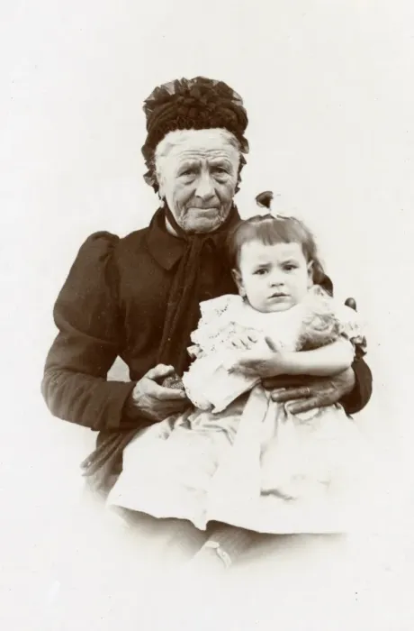 Framed Print : Old lady with little girl, Normandy, France Framed Print : Old lady with little girl, Normandy, France