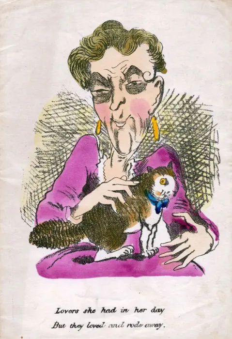 Framed Print : Old maid with cat on a comic greetings card Framed Print : Old maid with cat on a comic greetings card