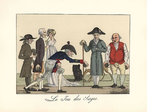 Five old men play a game of boules or bowls, circa 1800