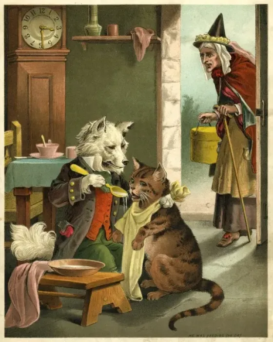 Framed Print : Old Mother Hubbard: dog feeding the cat Framed Print : Old Mother Hubbard: dog feeding the cat