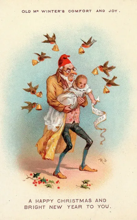 Framed Print : Old Mr Winter with a baby on a Christmas card Framed Print : Old Mr Winter with a baby on a Christmas card