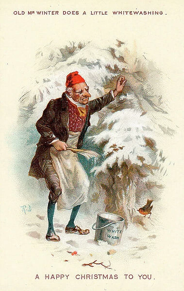 Old Mr Winter in the snow on a Christmas card