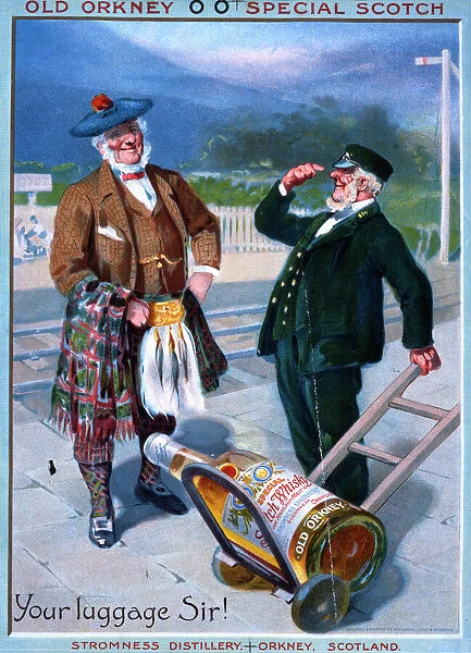 Old Orkney Whiskey. Old Orkney advert showing a porter delivering luggage