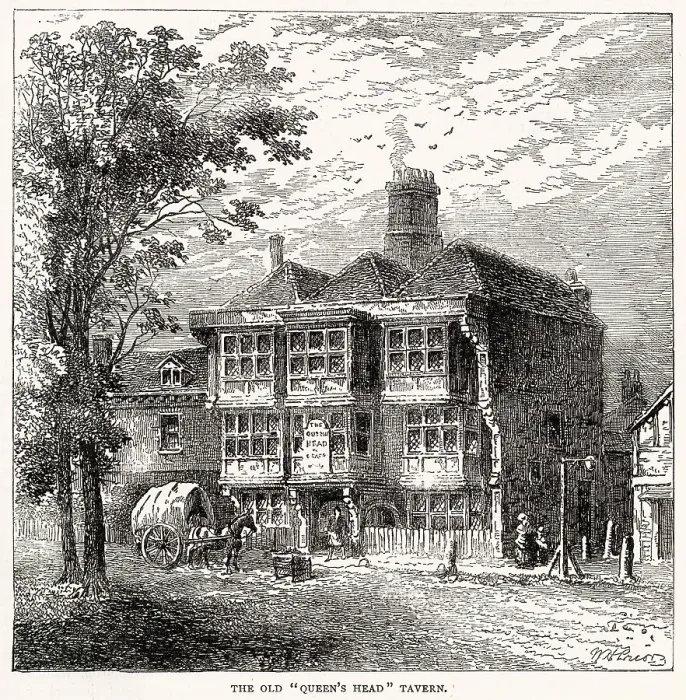 Framed Print : The old Queen's Head Tavern, Islington, North London. It was situated at the corner of Queen's Head Lane, but was demolished in 1829 Framed Print : The old Queen's Head Tavern, Islington, North London. It was situated at the corner of Queen's Head Lane, but was demolished in 1829