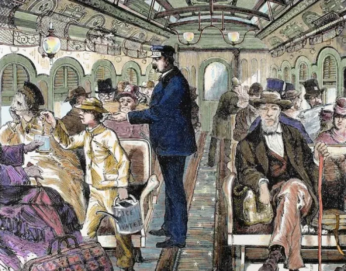 Framed Print : Old railroad car. Inside view with passengers. United States Framed Print : Old railroad car. Inside view with passengers. United States