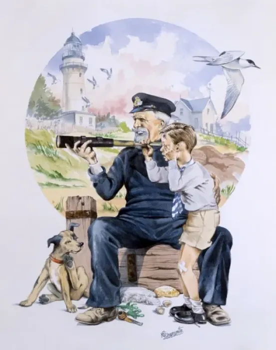 Framed Print : Old Salt shows a young lad his telescope Framed Print : Old Salt shows a young lad his telescope
