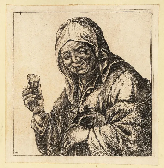Framed Print : Old woman holding a glass and jug, 17th century Framed Print : Old woman holding a glass and jug, 17th century