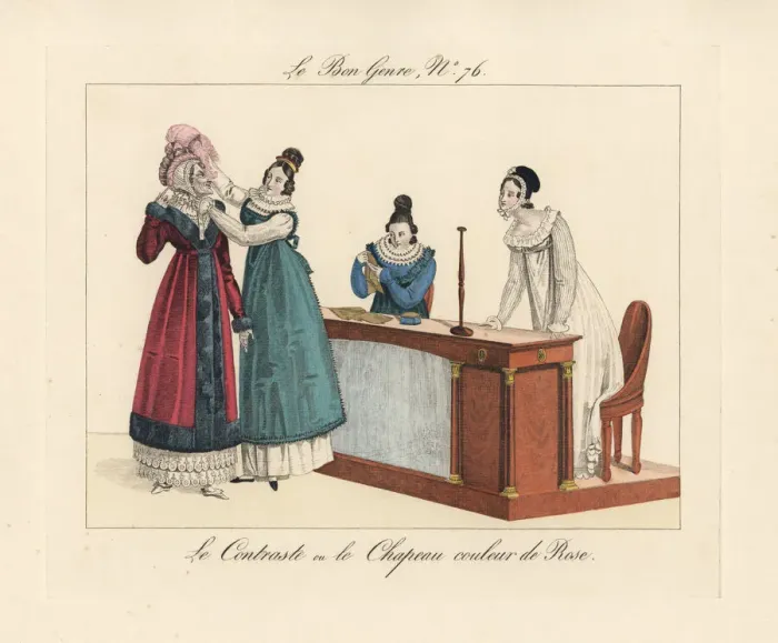 Framed Print : Old woman trying on a pink bonnet in a shop, circa 1815