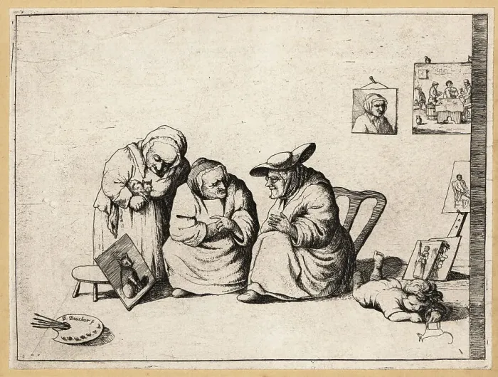 Framed Print : Three old women looking at a painting of a cat, 17th century Framed Print : Three old women looking at a painting of a cat, 17th century
