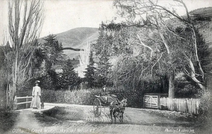 Framed Print : Oldhams Creek, Wakapuaka Road, Nelson, New Zealand. Date: circa 1910s Framed Print : Oldhams Creek, Wakapuaka Road, Nelson, New Zealand. Date: circa 1910s