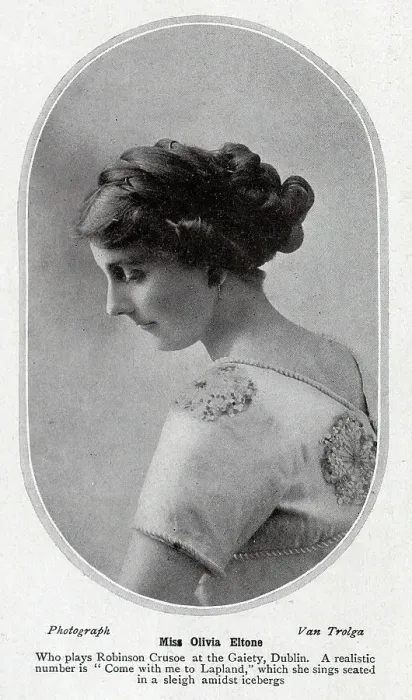 Framed Print : Olivia Eltone, actress, studio portrait. With description, Who plays Robinson Crusoe at the Gaiety, Dublin. A realistic number is Come with me to Lapland, which she sings seated in a sleigh amidst icebergs Framed Print : Olivia Eltone, actress, studio portrait. With description, Who plays Robinson Crusoe at the Gaiety, Dublin. A realistic number is Come with me to Lapland, which she sings seated in a sleigh amidst icebergs