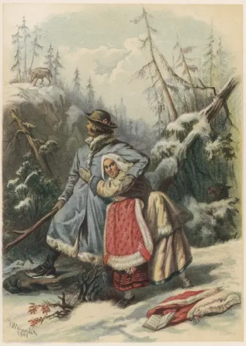Framed Print : Per Olsson protects Lisa Erkersdotter from a wolf Framed Print : Per Olsson protects Lisa Erkersdotter from a wolf