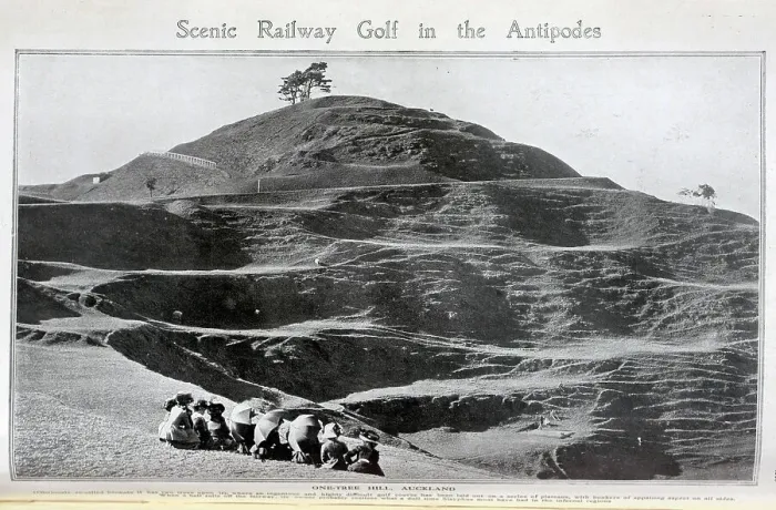 Framed Print : One-Tree Hill, Auckland, outdoor scenic photograph, with spectators in the foreground. Captioned, Scenic Railway Golf in the Antipodes, where an ingenious Framed Print : One-Tree Hill, Auckland, outdoor scenic photograph, with spectators in the foreground. Captioned, Scenic Railway Golf in the Antipodes, where an ingenious