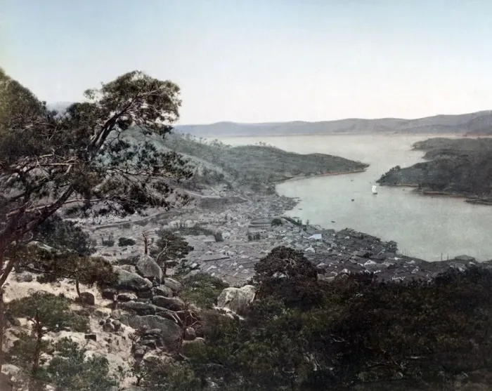 Framed Print : Onomichi and inland sea Japan circa 1880s. Date: circa 1880s Framed Print : Onomichi and inland sea Japan circa 1880s. Date: circa 1880s
