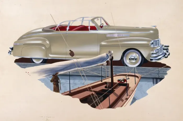 Framed Print : Open Top 1950s coupe parked at a marina Framed Print : Open Top 1950s coupe parked at a marina
