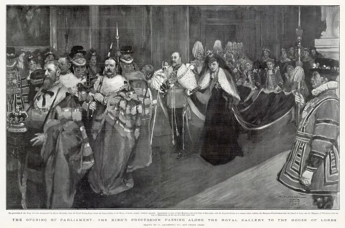 Framed Print : The Opening of Parliament, Edward VII passing along the Royal Gallery to the House of Lords. Date: 14th February 1901 Framed Print : The Opening of Parliament, Edward VII passing along the Royal Gallery to the House of Lords. Date: 14th February 1901