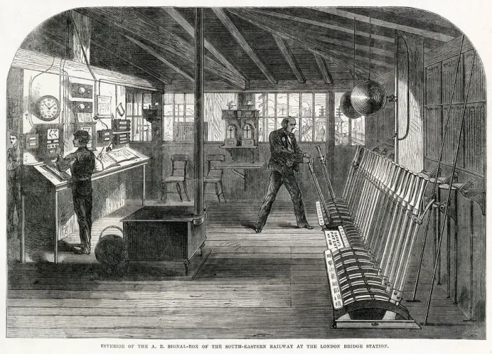 Framed Print : Operating the levers in the signal box at London Bridge Framed Print : Operating the levers in the signal box at London Bridge