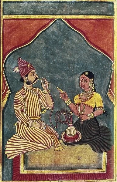 Opium smokers. Indian Art. 18th century. Miniature