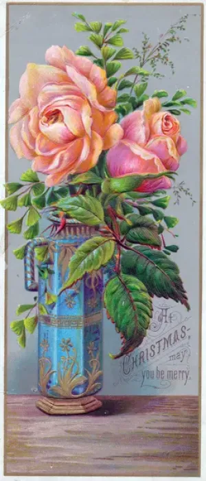 Framed Print : Orange-pink roses in a vase on a Christmas card Framed Print : Orange-pink roses in a vase on a Christmas card