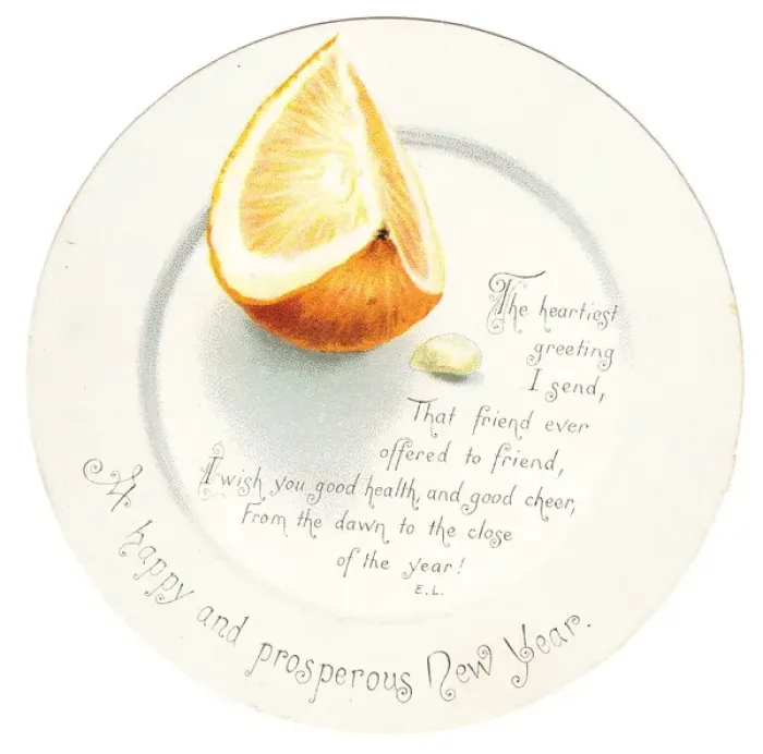 Framed Print : Orange segment on a plate-shaped New Year card Framed Print : Orange segment on a plate-shaped New Year card