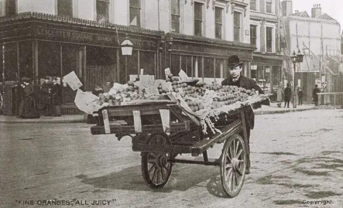 Framed Print : Orange Seller with his barrow - Leicester Square, London Framed Print : Orange Seller with his barrow - Leicester Square, London