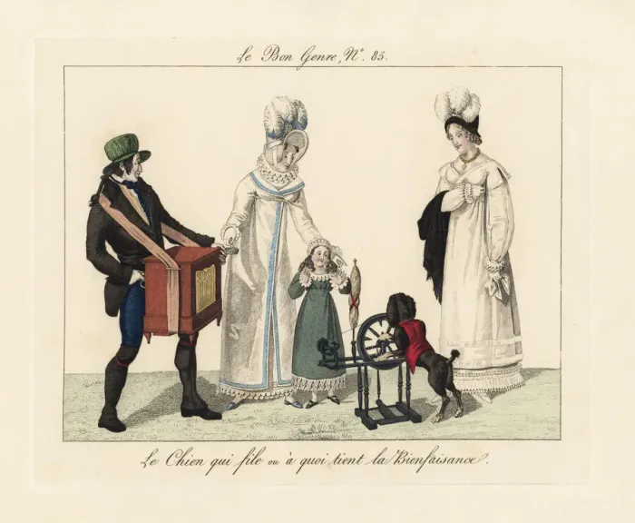 Framed Print : An organ grinder and a poodle with spinning machine Framed Print : An organ grinder and a poodle with spinning machine
