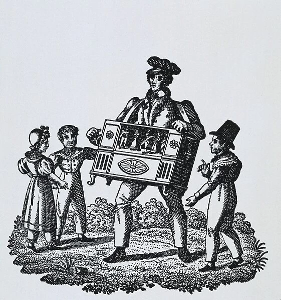 Organ player. Flowers of Happiness. Engraving
