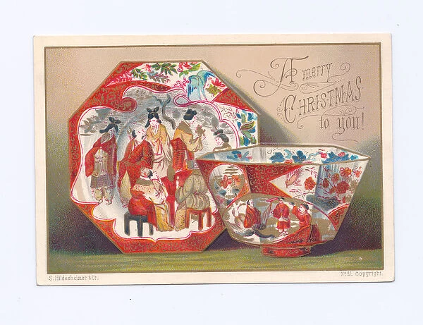 Oriental china plate and bowl on a Christmas postcard