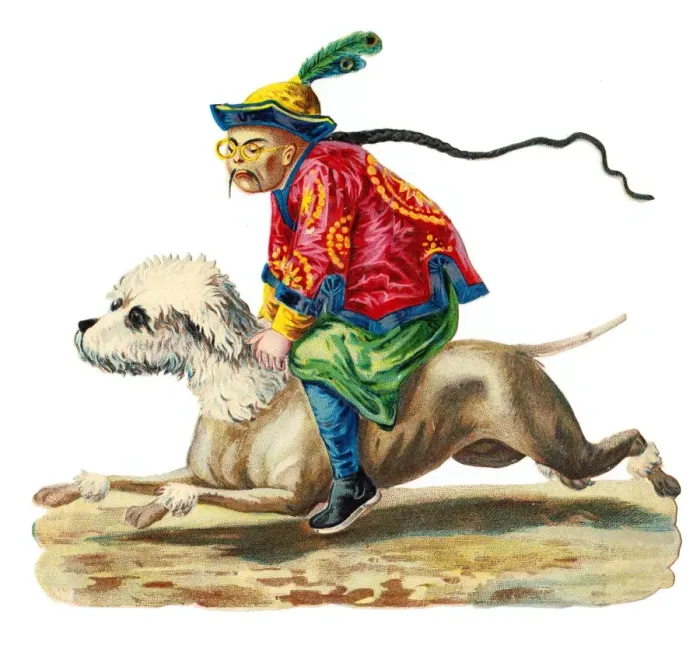 Framed Print : Oriental man riding a dog on a Victorian scrap